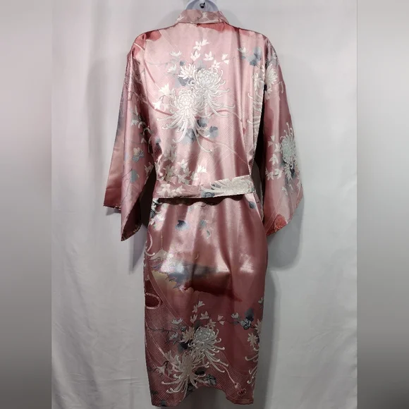 Floral Silky Floral Kimono Robe Womens XL Pink Made in Japan Retro 90s Y2K - Picture 5 of 8